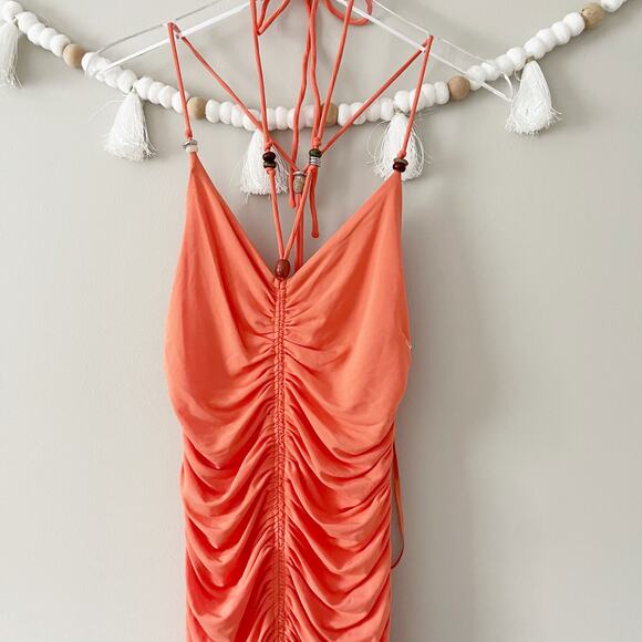 ALC Allegra Ruched Bead Embellished Midi Dress Bodycon Halter Orange Size Medium - Picture 11 of 12